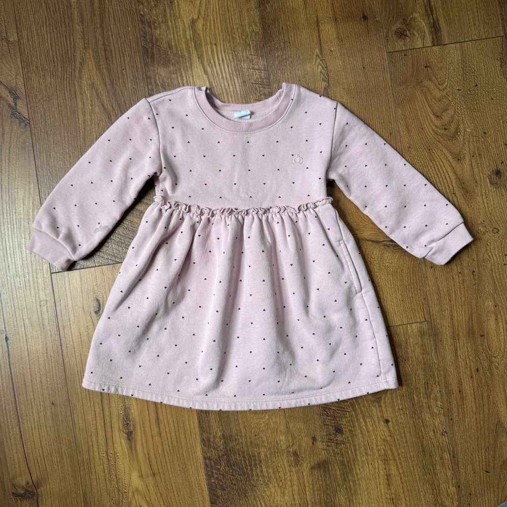 Pink Long Sleeve Ruffle Sweatshirt Dress with Tiny Hearts